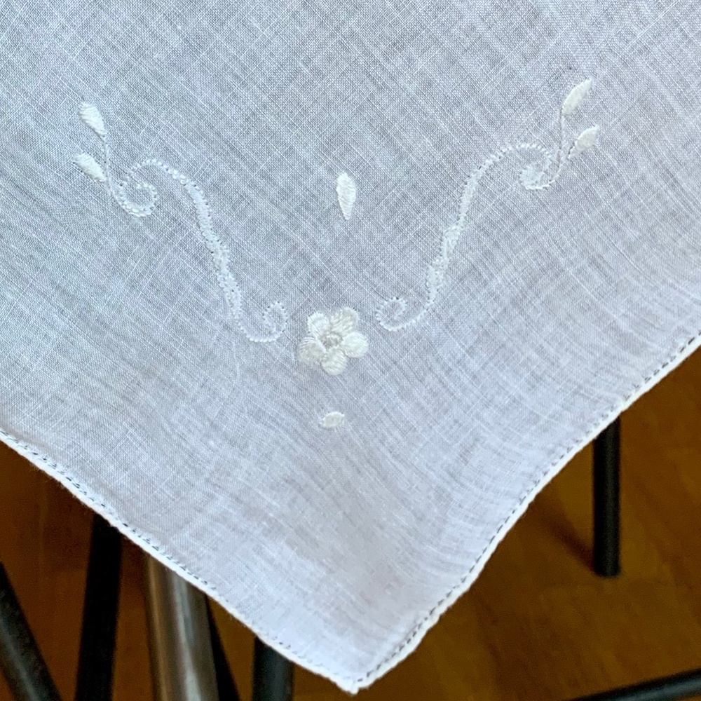 Hand Embroidered White Linen Tablecloth 40” Square European Openwork Hem Vintage